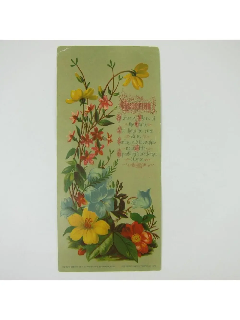 Victorian Greeting Card LARGE Flowers Red Yellow Blue Pink Antique 1881